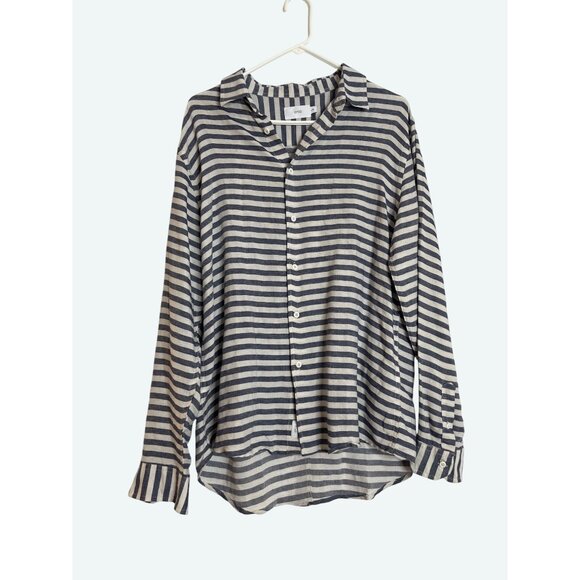 Onia Linen Blend Button Down High Low Hem Gray White Shirt Size Large - Picture 1 of 10